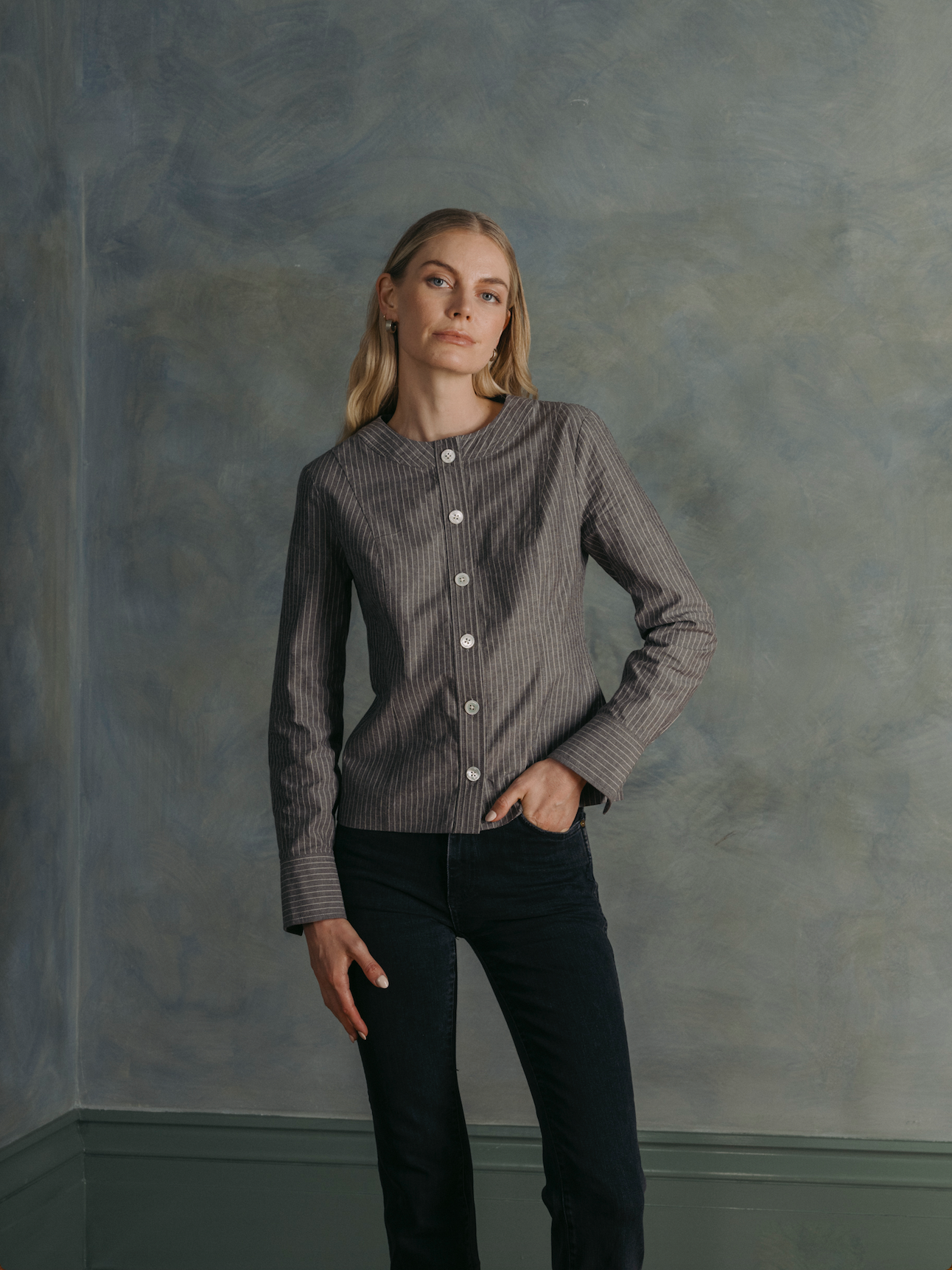 The Reiley Shirt in Charcoal Pinstripe