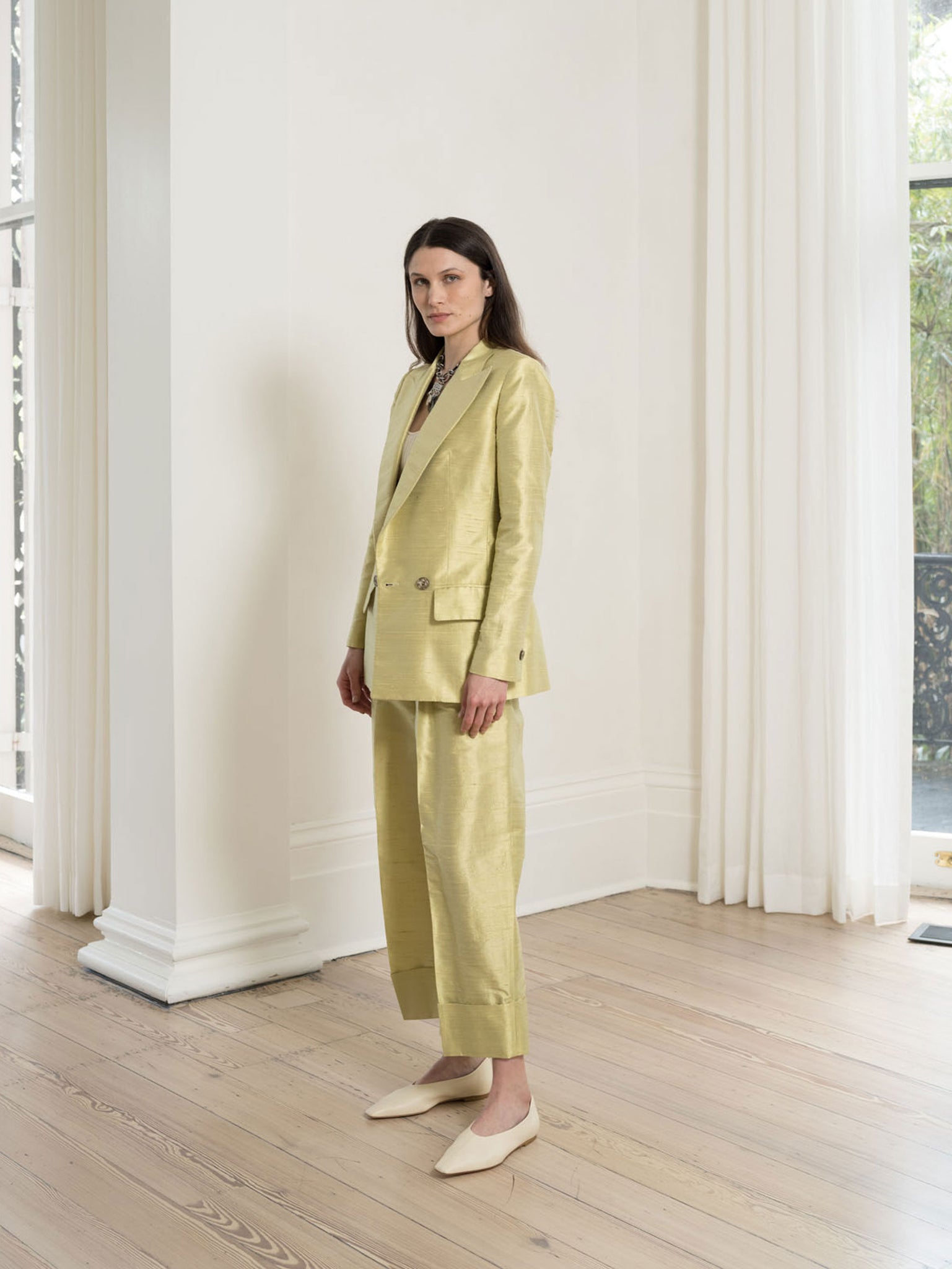The Signature Dropped Lapel Jacket in Chartreuse Silk