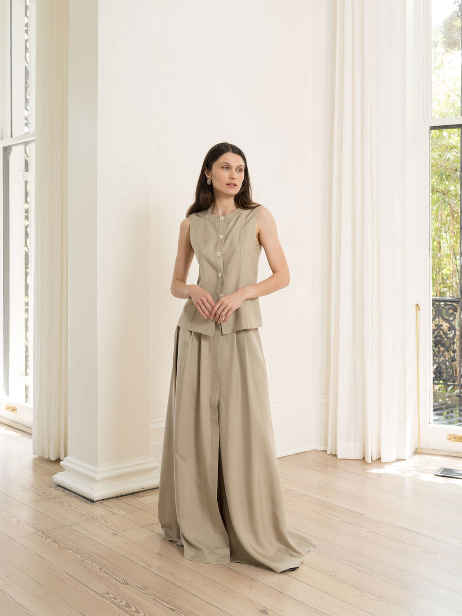 The Placket Skirt in Taupe Silk