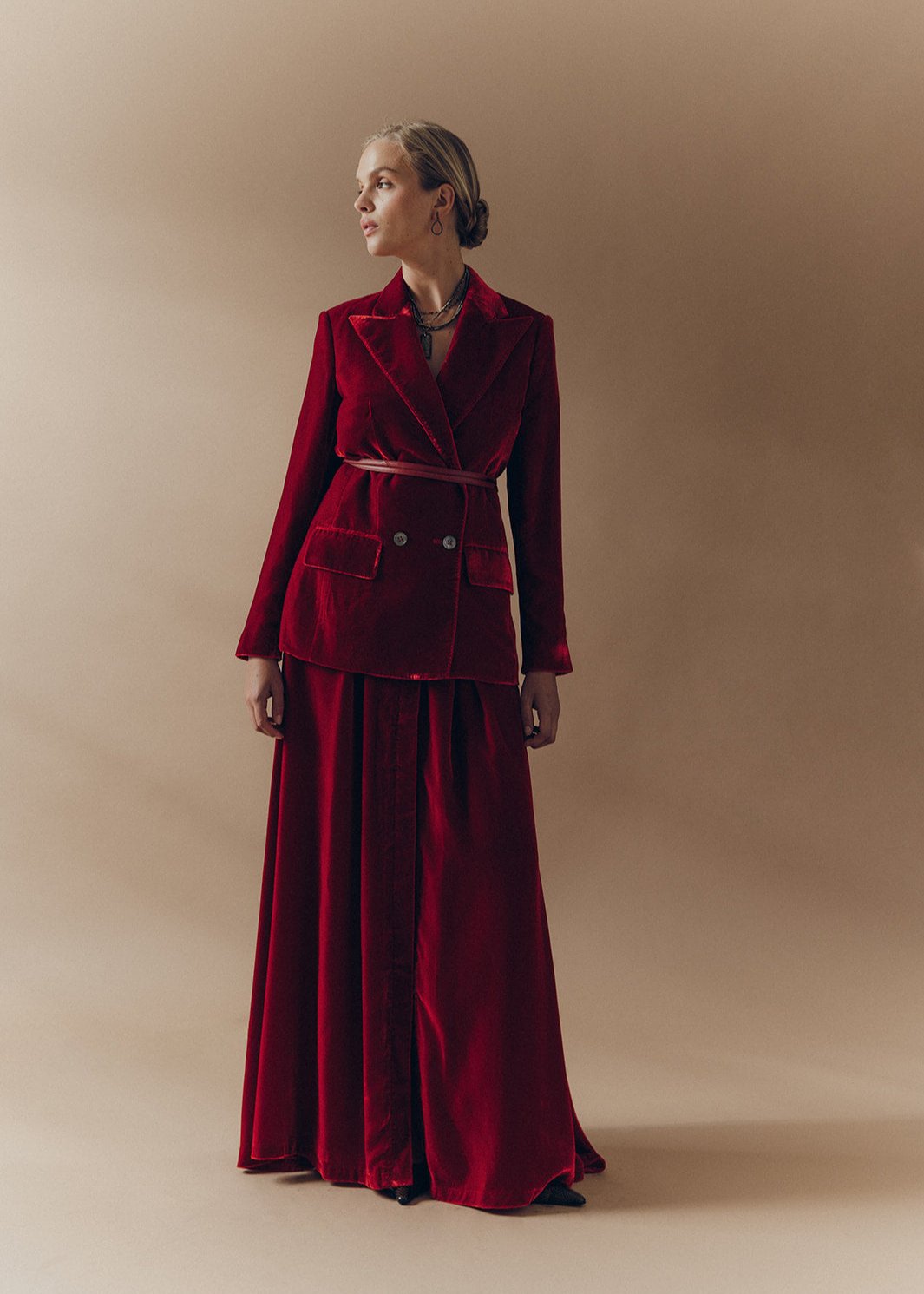 The Signature Dropped Lapel Jacket in Red Velvet